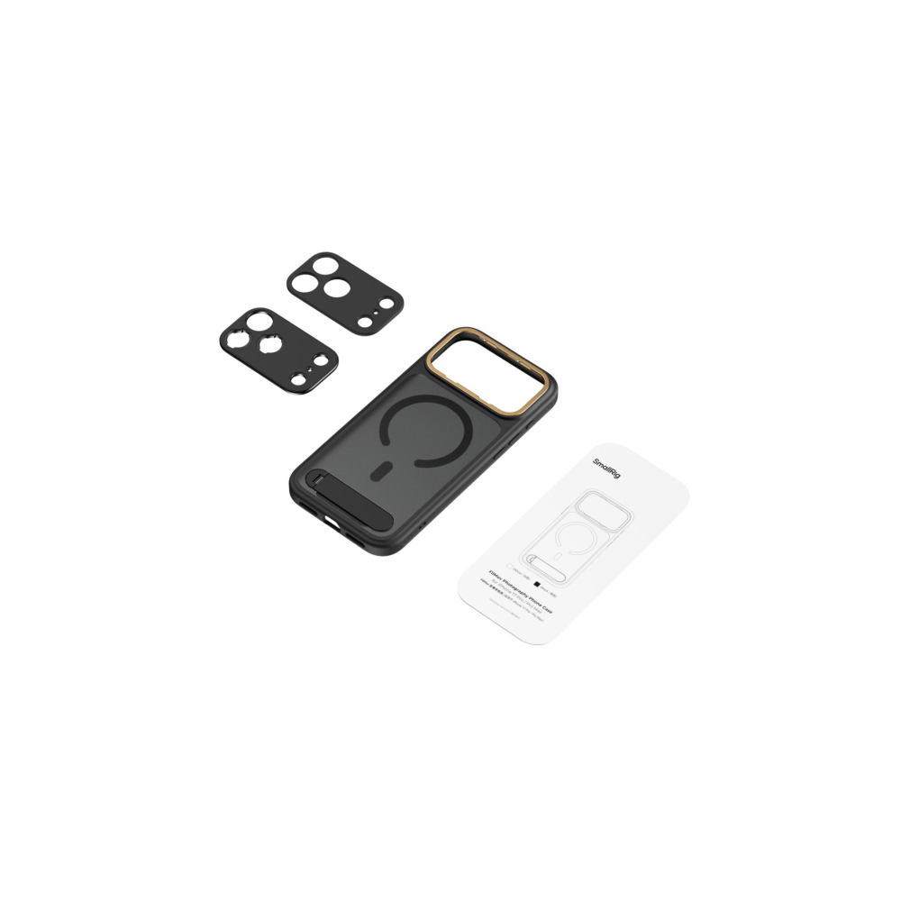 Black phone case with gold trim, two lens covers, and a SmallRig instruction booklet.