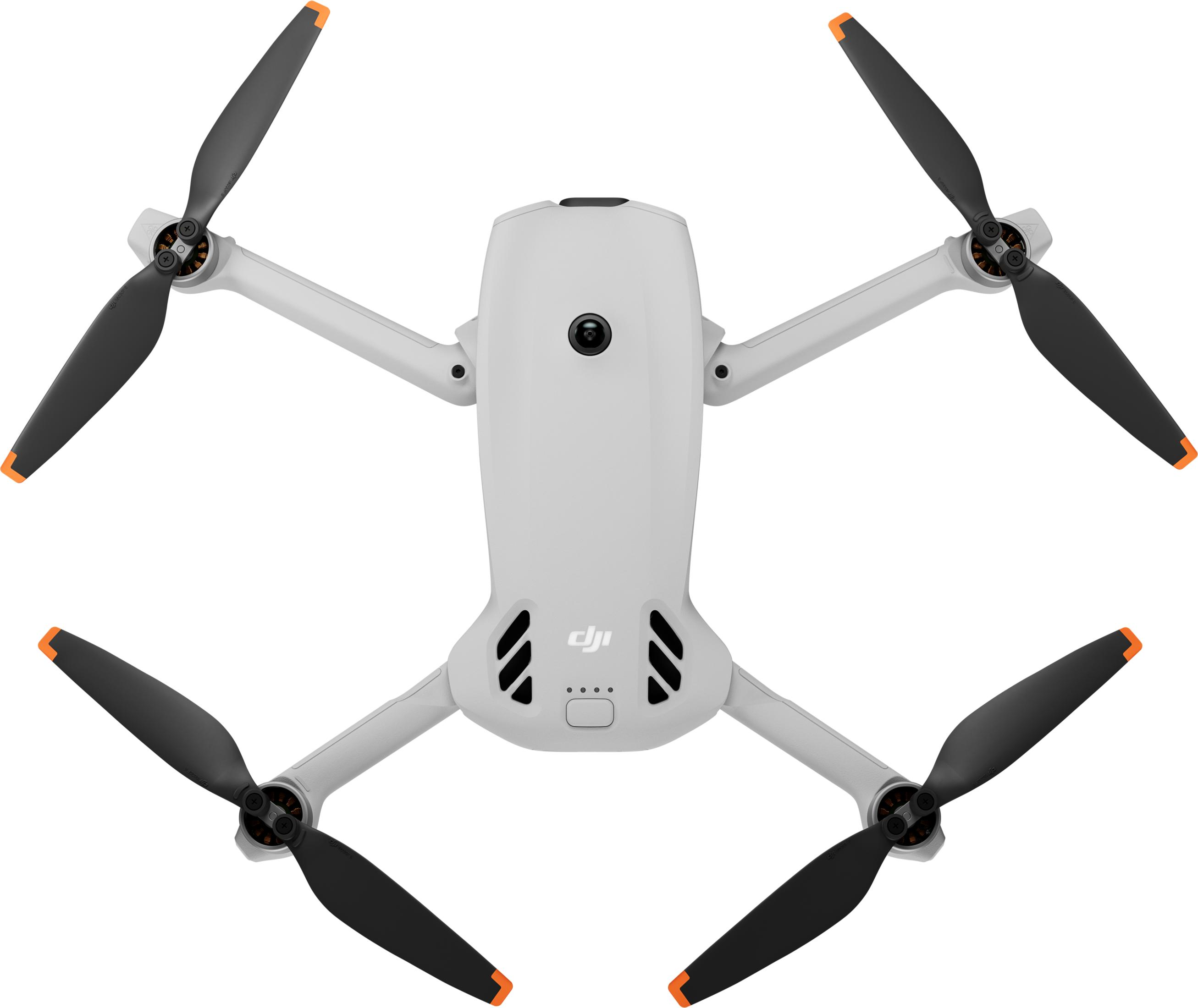 Un dron blanco con cuatro hélices negras, cada una con punta naranja.