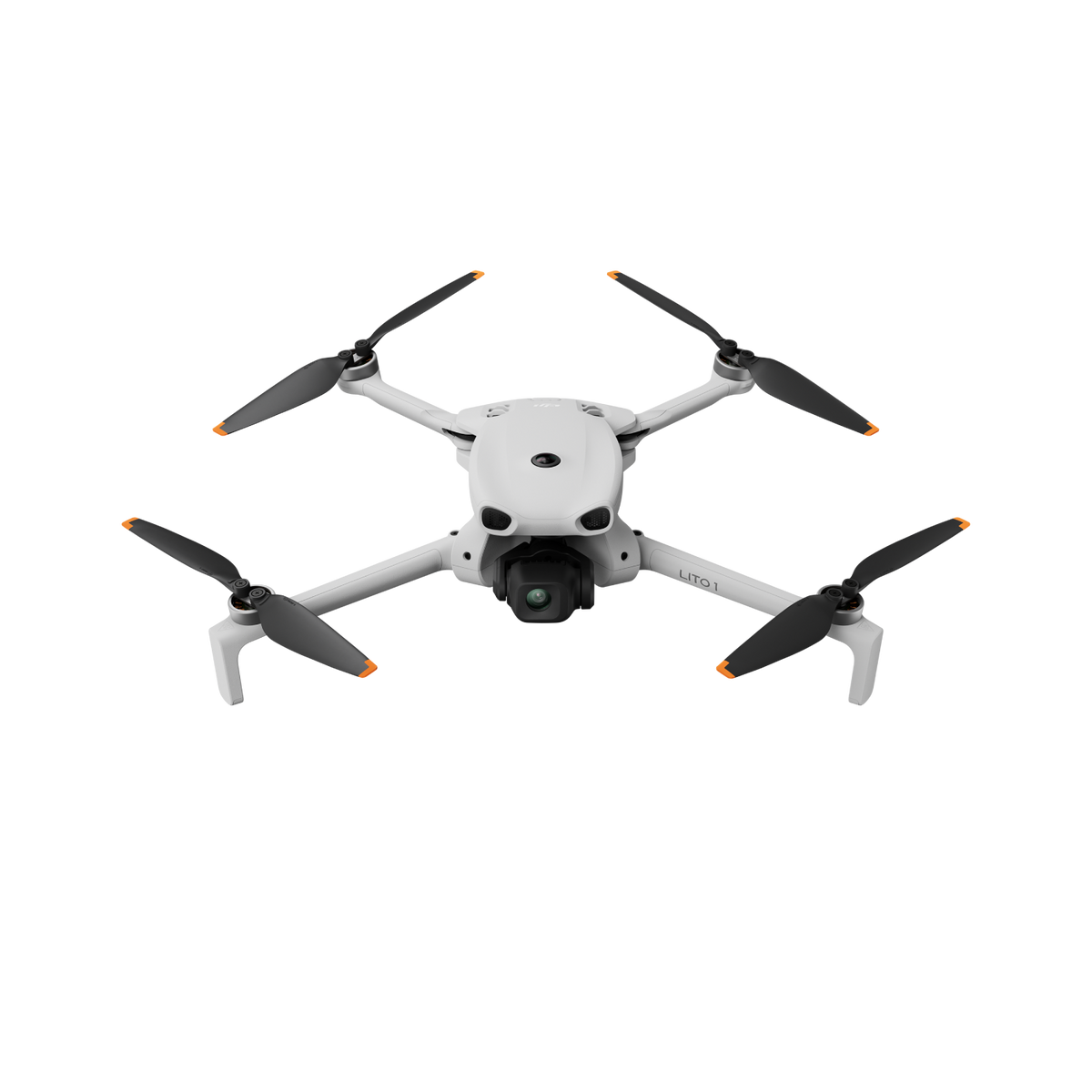 Un dron cuádruple blanco con cámara negra y puntas naranjas.