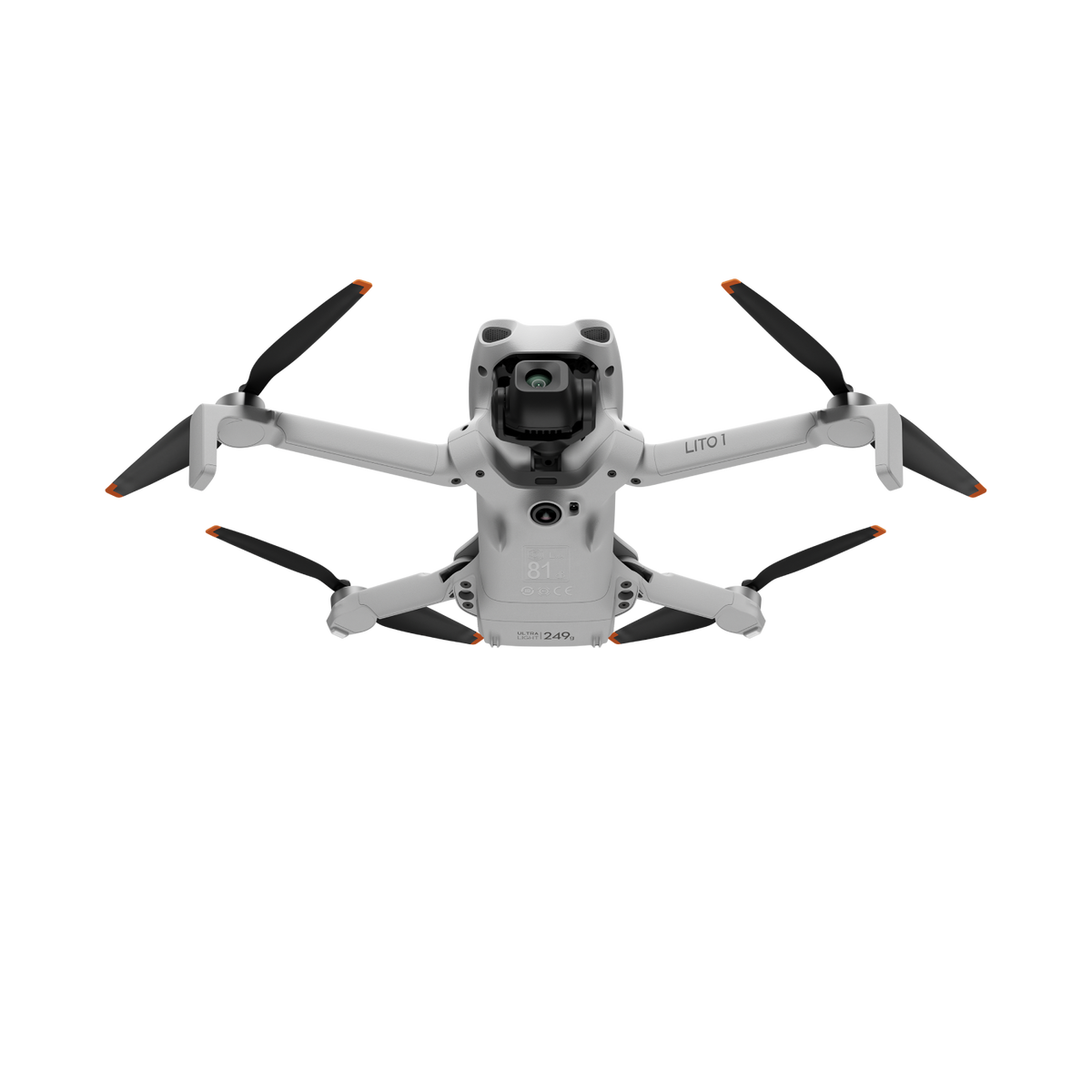 Un dron DJI Mini 3 Pro blanco con puntas de hélice naranjas sobre fondo negro.