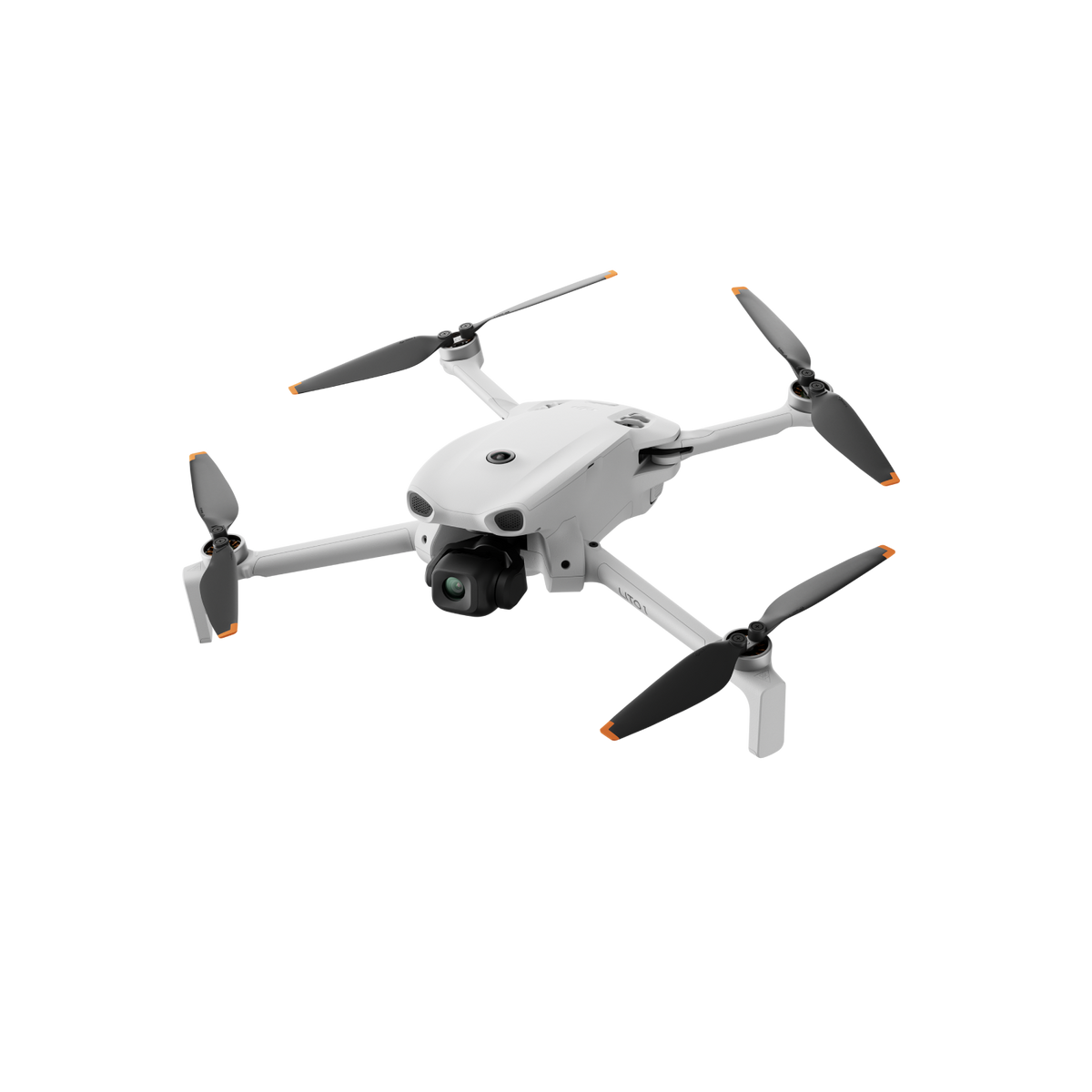 Un dron blanco con cuatro hélices y una cámara flota sobre fondo negro.