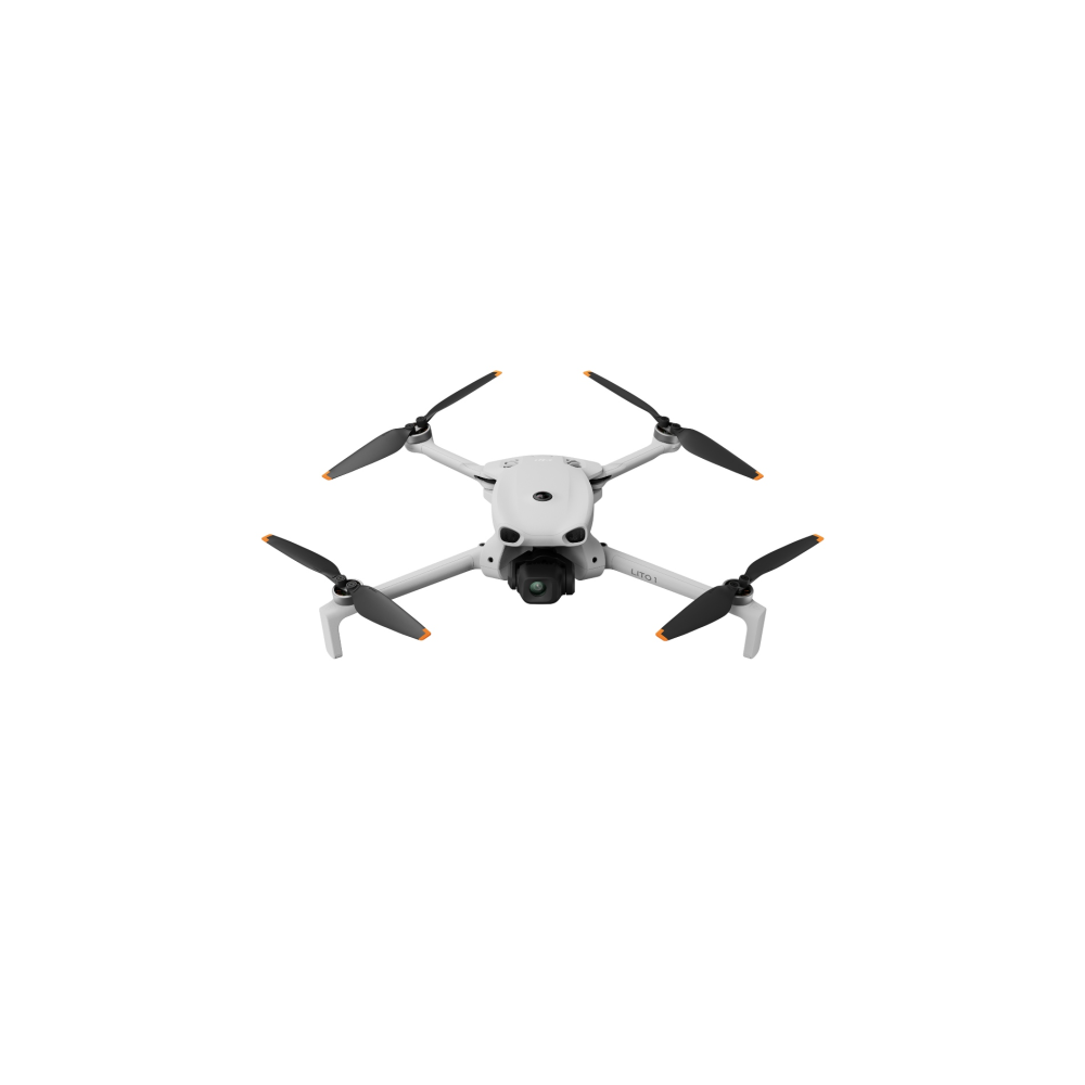 Un dron blanco con cuatro hélices y una cámara en el centro, aislado.