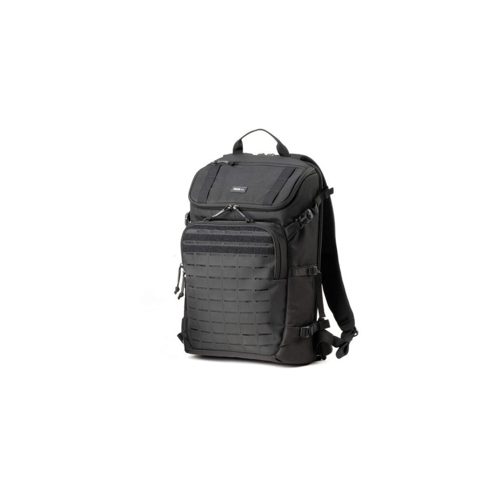 A black backpack with multiple compartments and MOLLE webbing on the front.