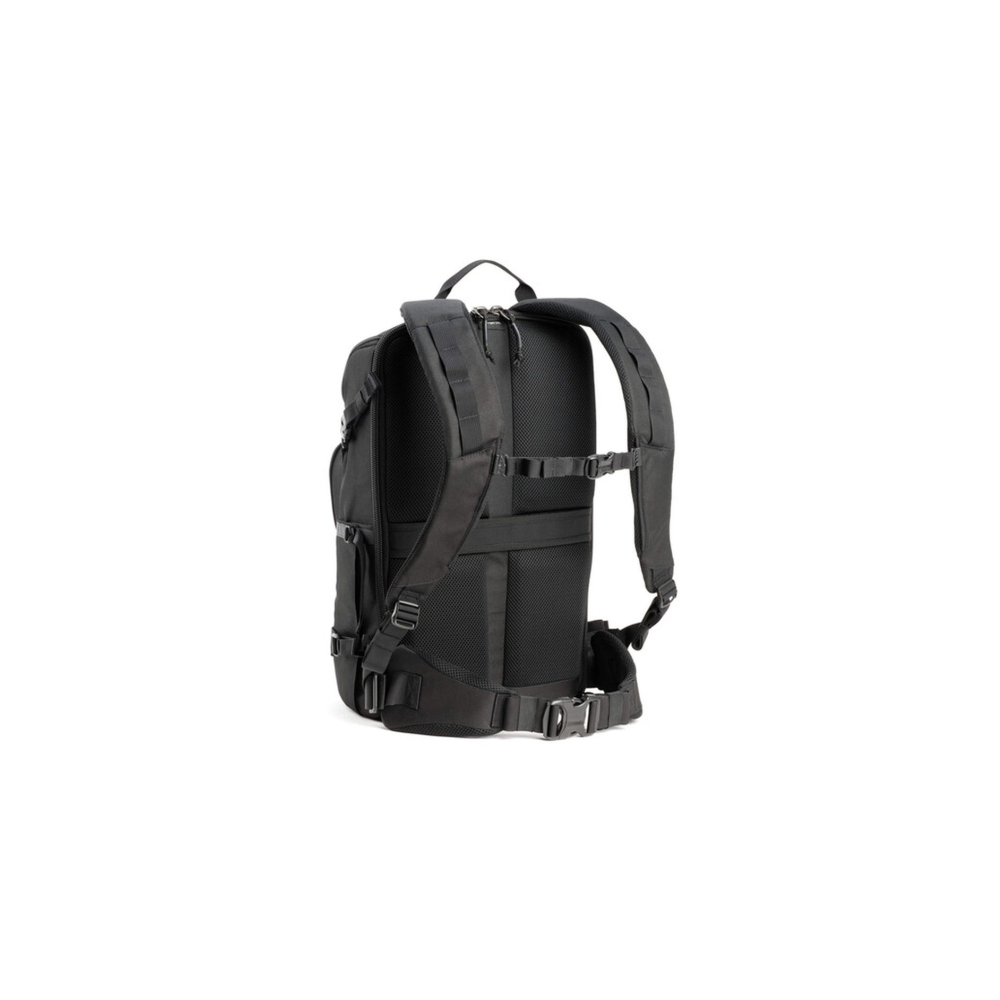 Black backpack with padded straps and buckles, seen from the back.