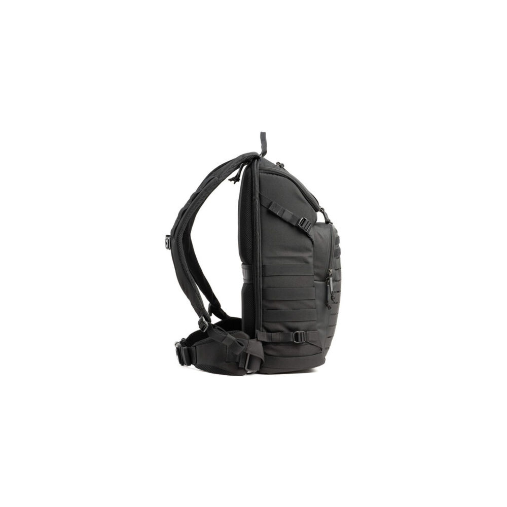 A black backpack with adjustable straps and multiple pockets, shown from the side.