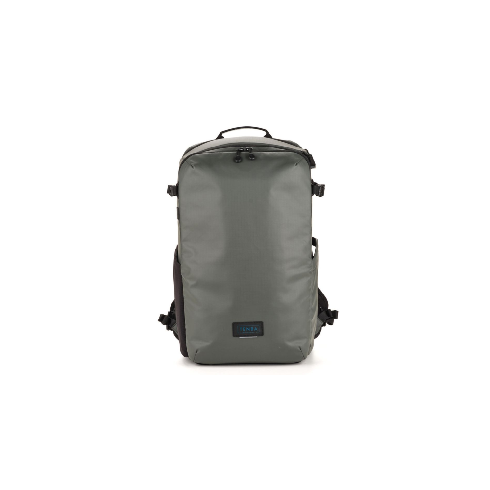 A gray backpack with a black logo on a white background.