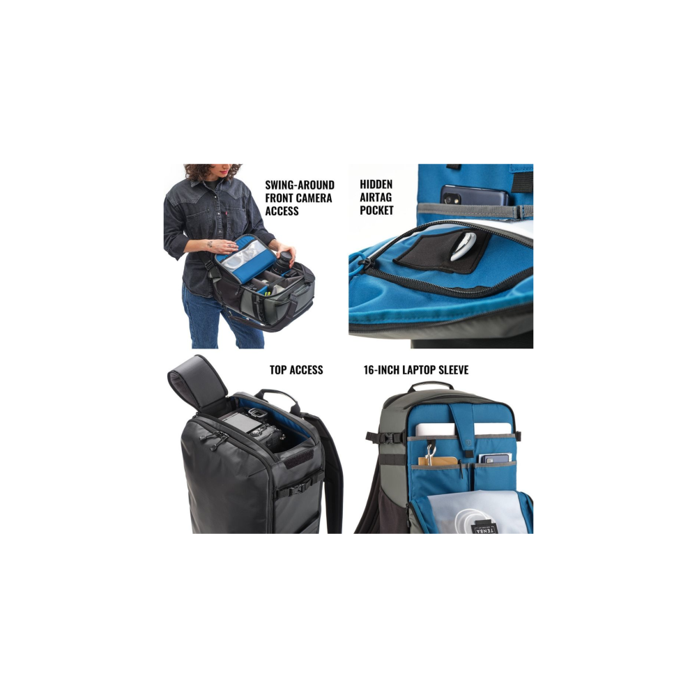 Collage of a camera bag: front access, hidden pocket, top access, laptop sleeve.