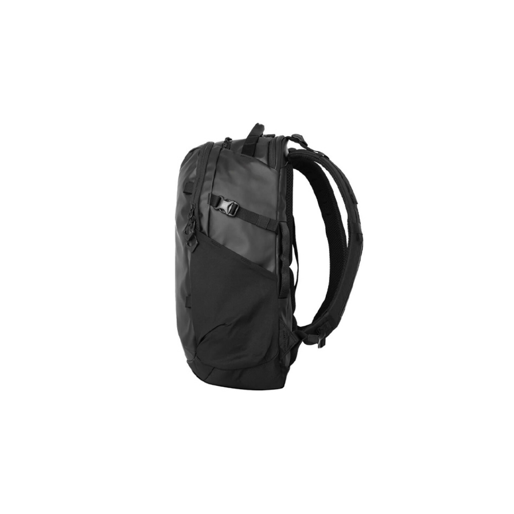 A black backpack with adjustable straps and multiple compartments is shown.