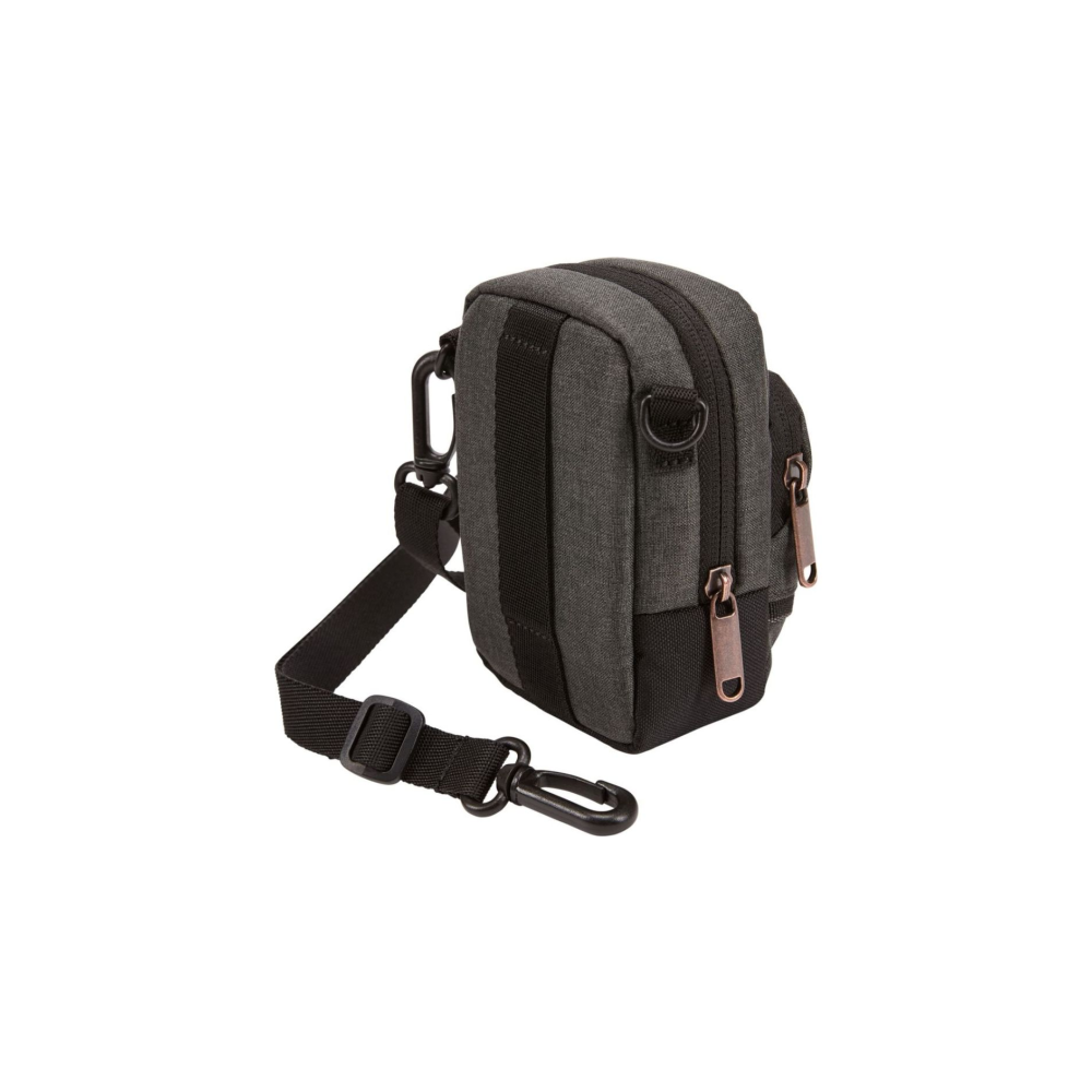 A small grey bag with a black strap and two hooks.