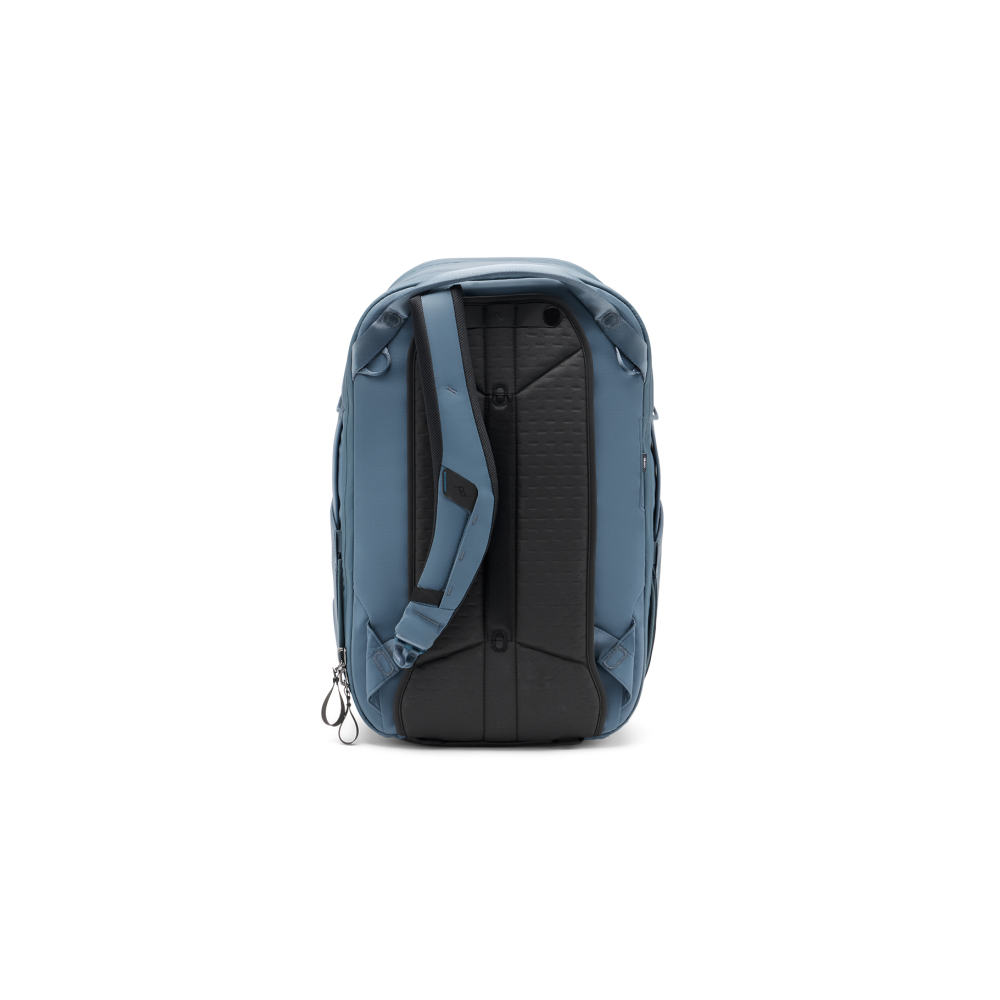 Blue backpack with black back panel and shoulder straps, seen from the back.