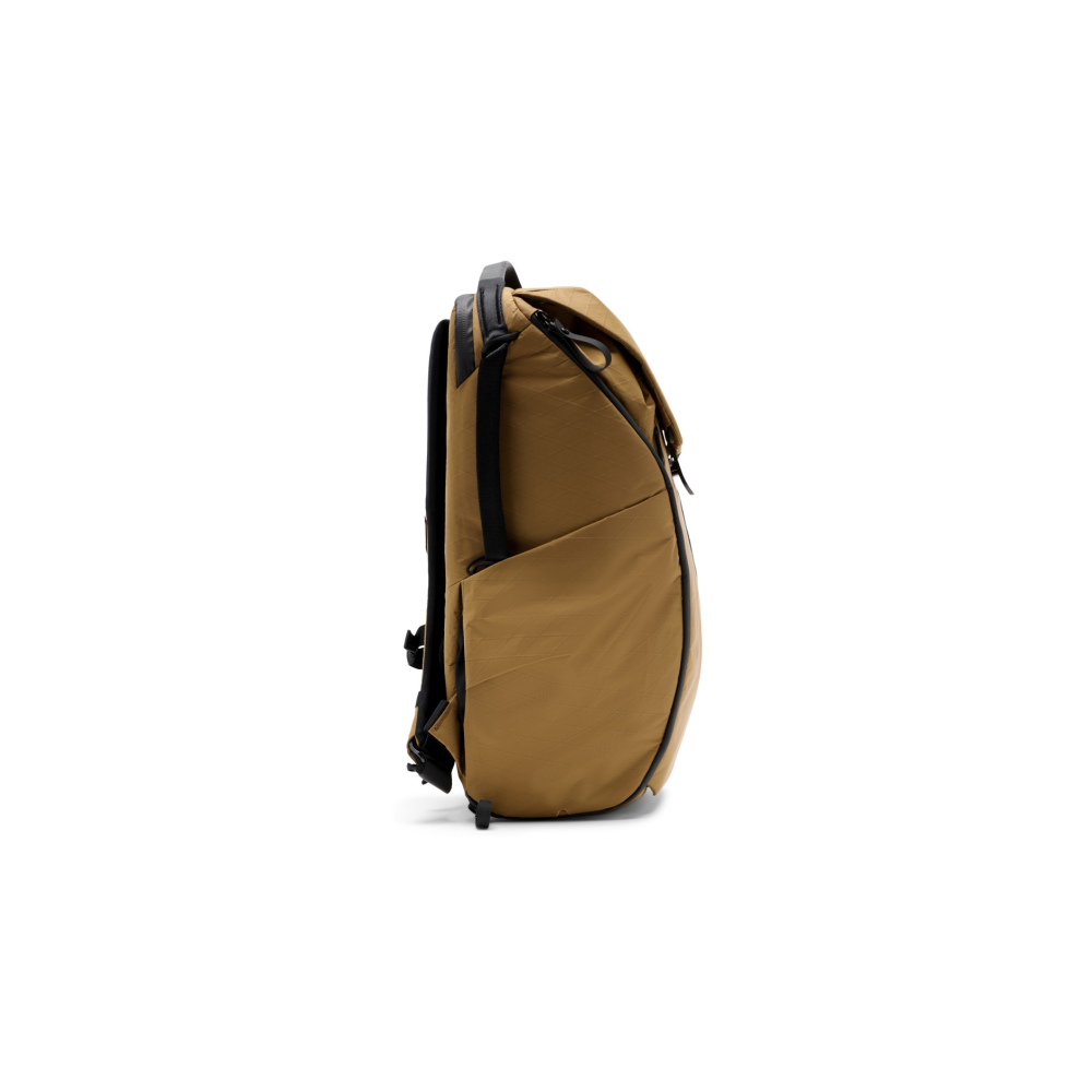 A brown backpack with black accents is shown on a white background.