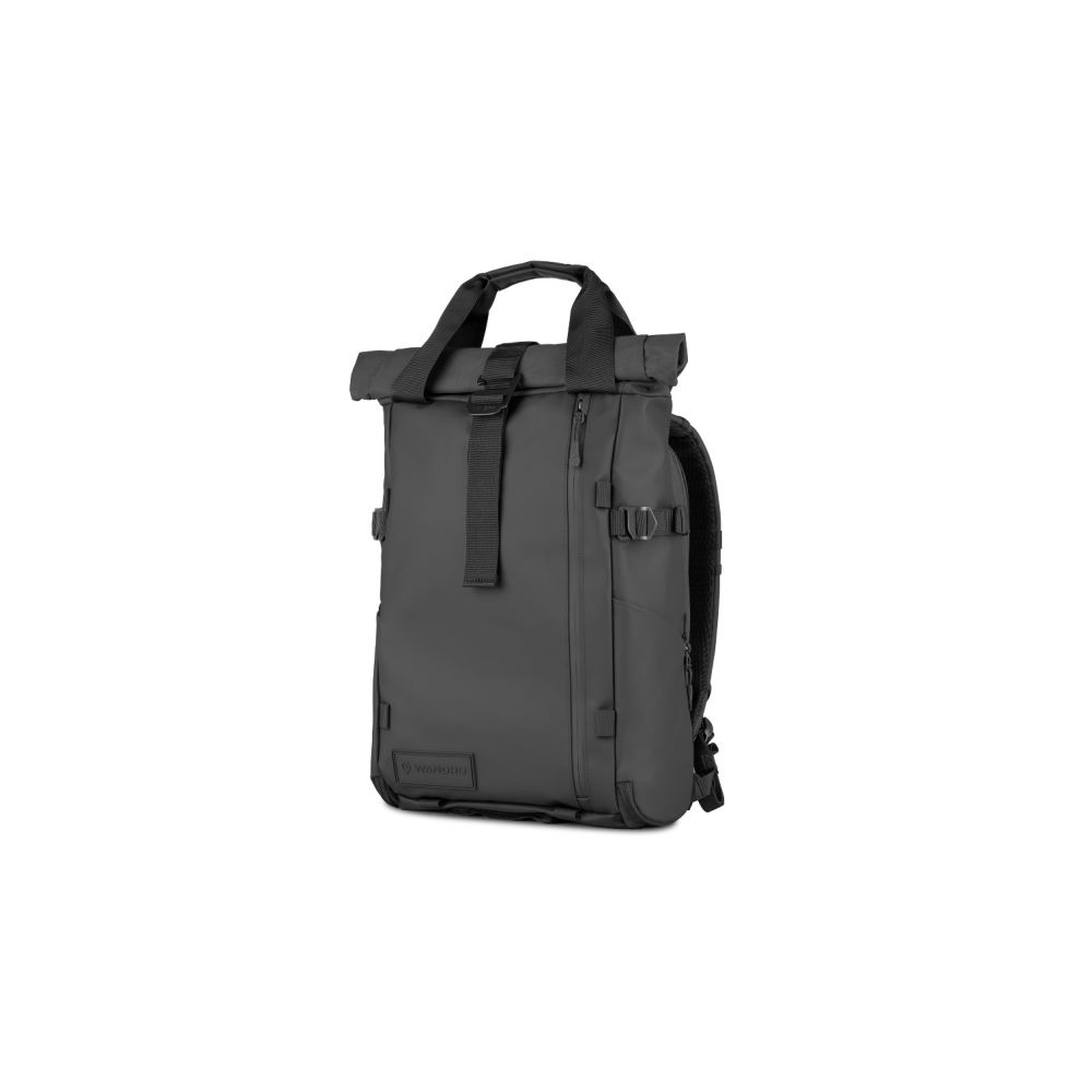 Een donkere rolltop rugzak met handvatten.