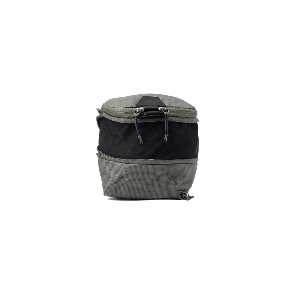 Gray and black bag with zipper closure at top, isolated on white.