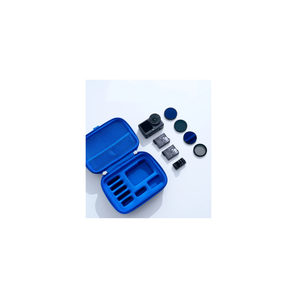 Blue case with camera, batteries, filters, and accessories on a white background.