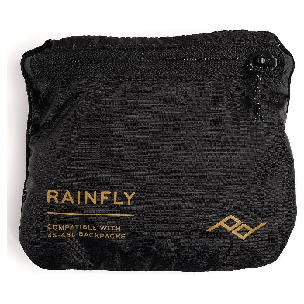 Zwarte etui met rits, RAINFLY tekst en PD logo.