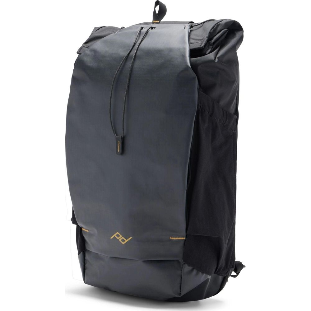 A dark gray backpack with a drawstring closure and an orange logo.