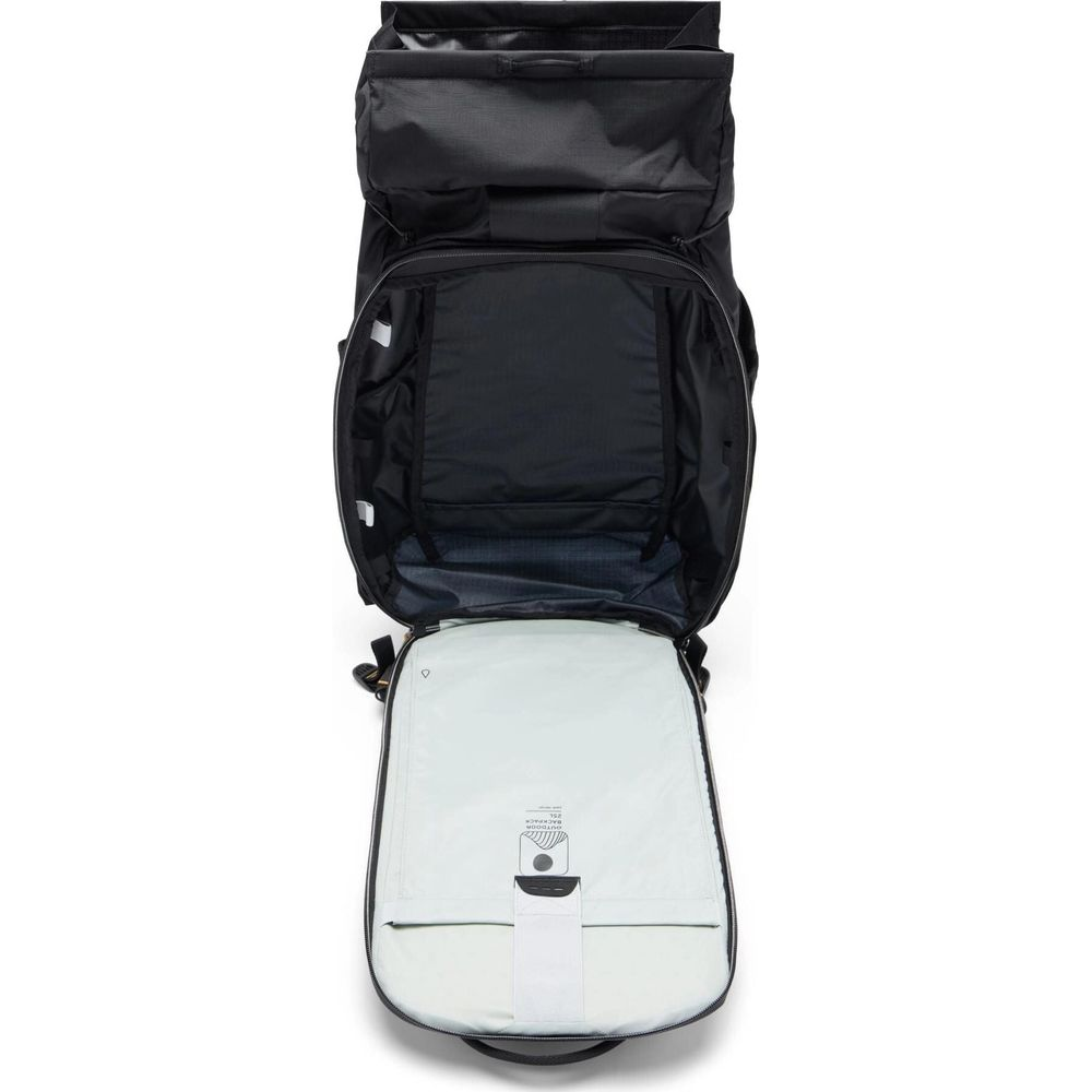 An open black backpack with a light gray interior lining and compartments.