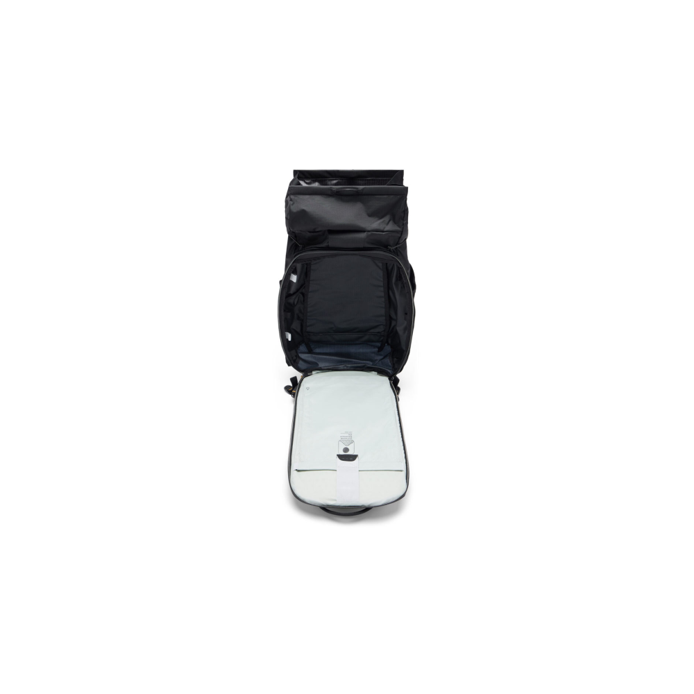 An open black backpack with a light grey insert in the bottom compartment.
