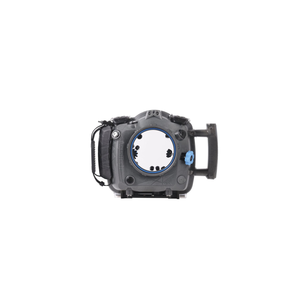 Grijze onderwater camerabehuizing met handvatten en blauwe knop.