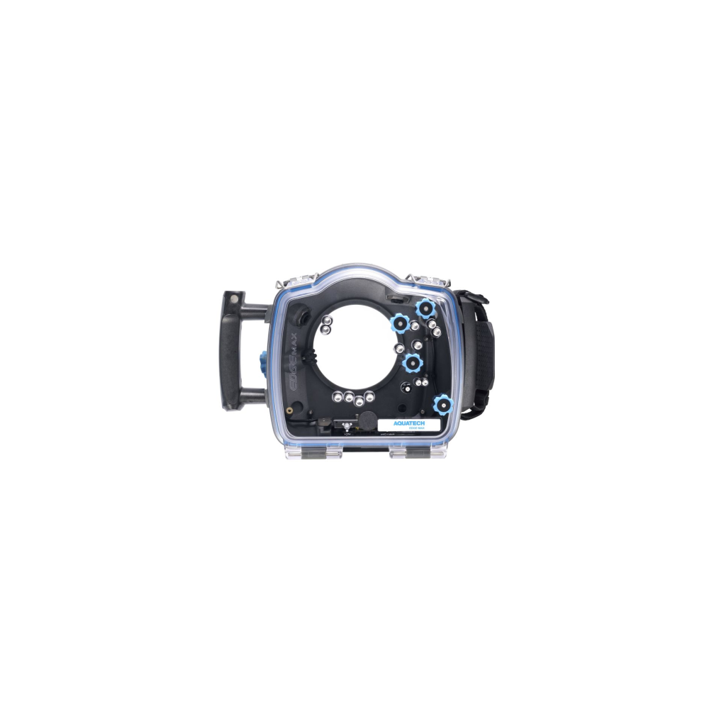 AQUATECH onderwater camera-behuizing met blauwe knoppen en bedieningselementen.