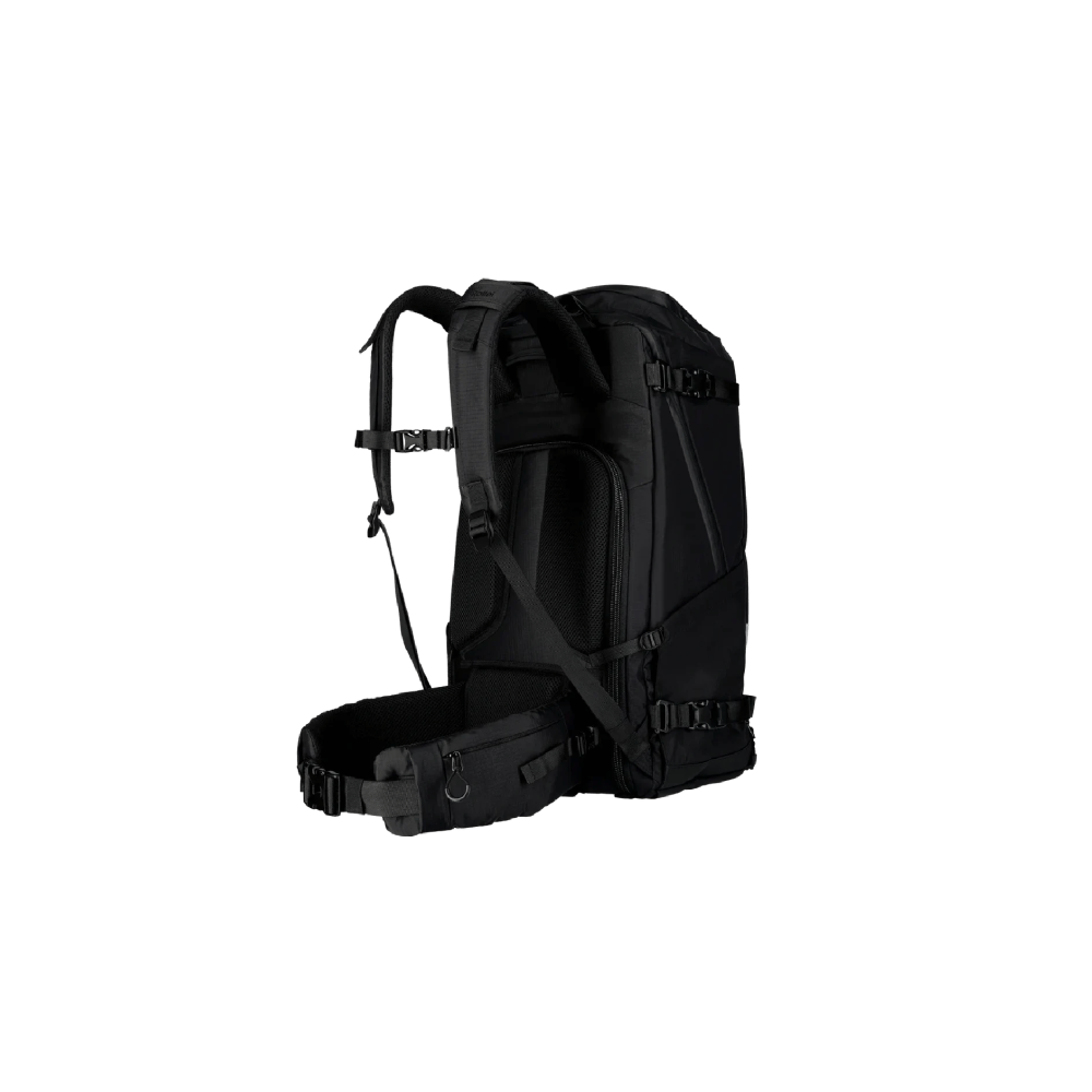 Black backpack with padded straps and hip belt, rear view.