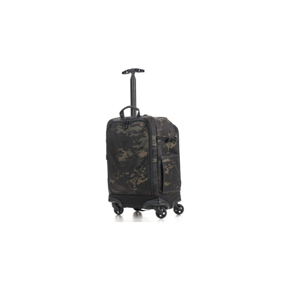 A black camouflage rolling suitcase with a retractable handle and wheels.