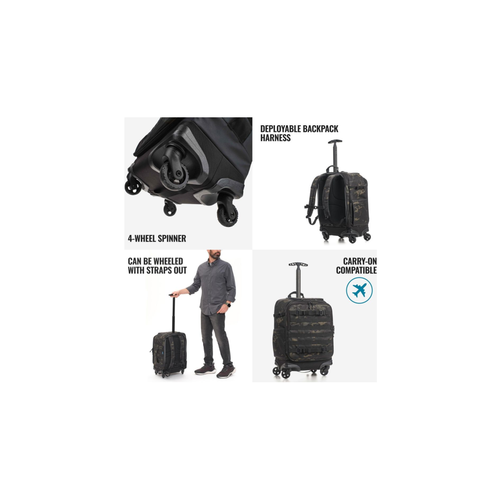 Collage shows a black camo wheeled bag: spinner wheels, backpack harness, man with bag, carry-on.