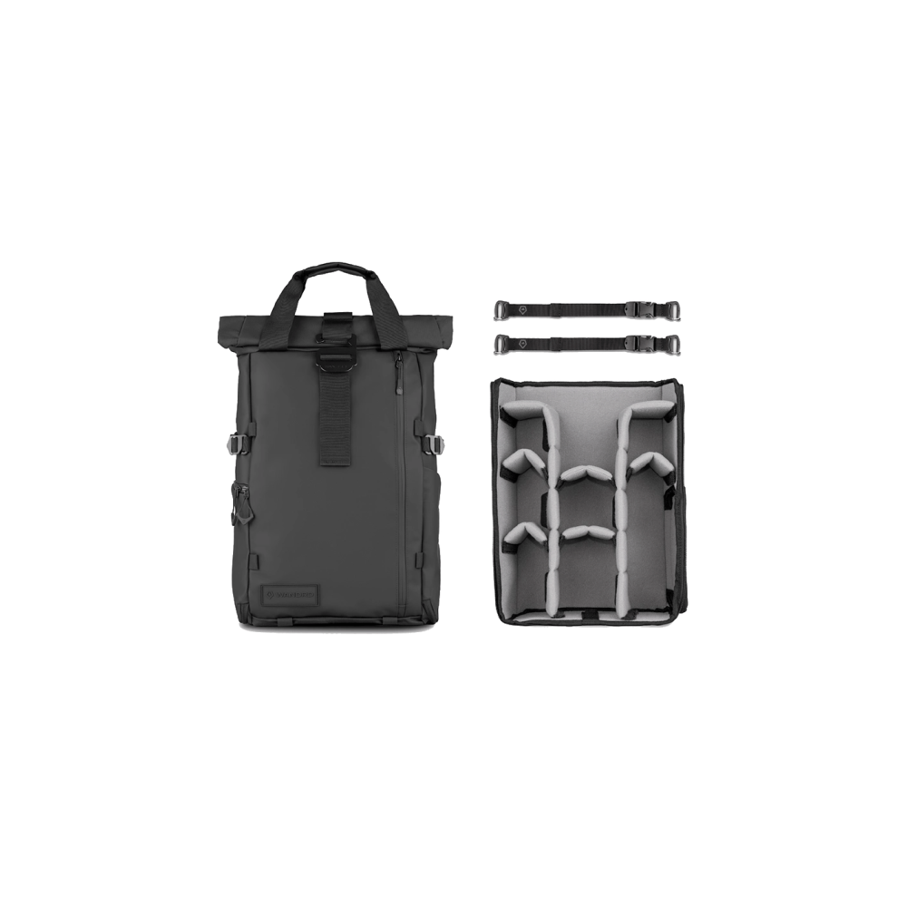 Black roll-top backpack with camera insert, dividers, and straps on white background.
