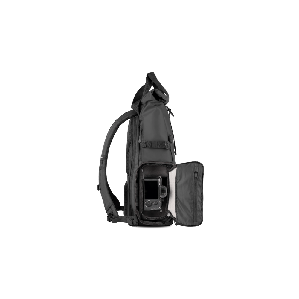 A black backpack with an open compartment containing a camera.