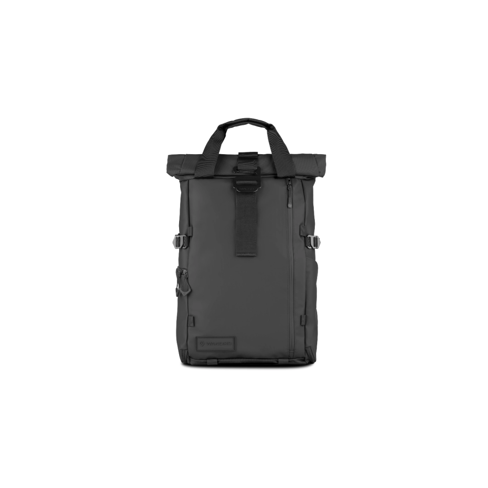 A black roll-top backpack with buckles and straps.