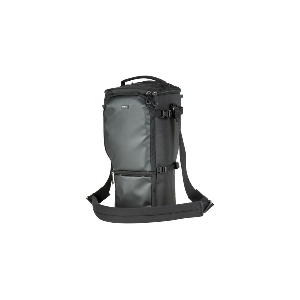 A black camera bag with a gray front panel and a shoulder strap.