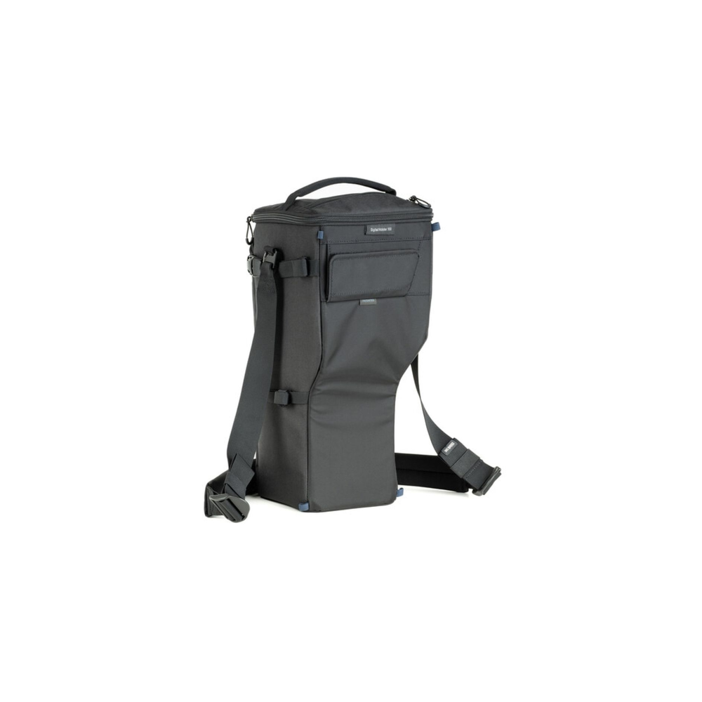 A black camera bag with straps and zippered pockets.