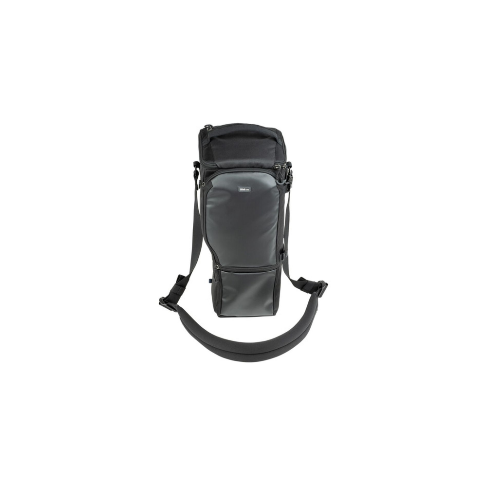 A black Think Tank photo bag with a shoulder strap is shown on a white background.