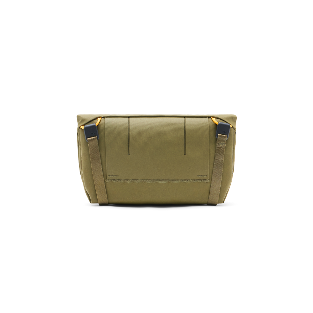 An olive green crossbody bag with black and yellow accents on a white background.