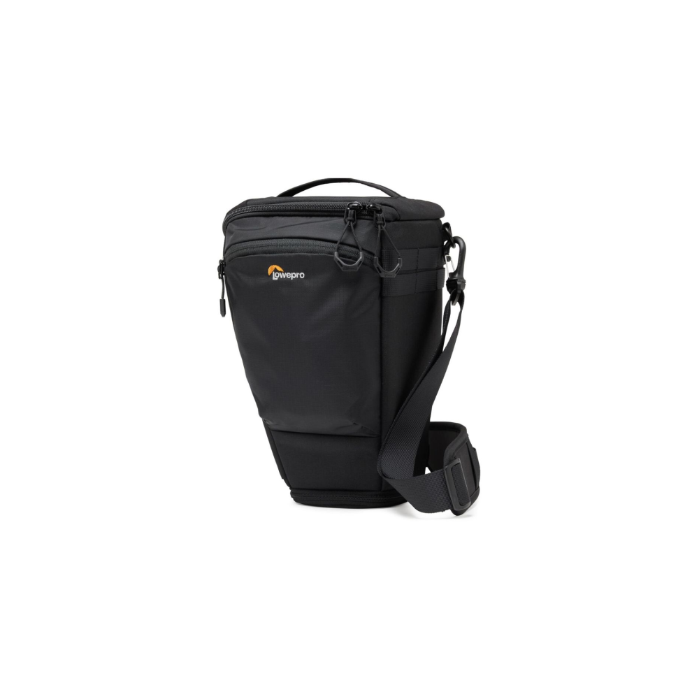 Een zwarte Lowepro cameratas met rits en schouderband.