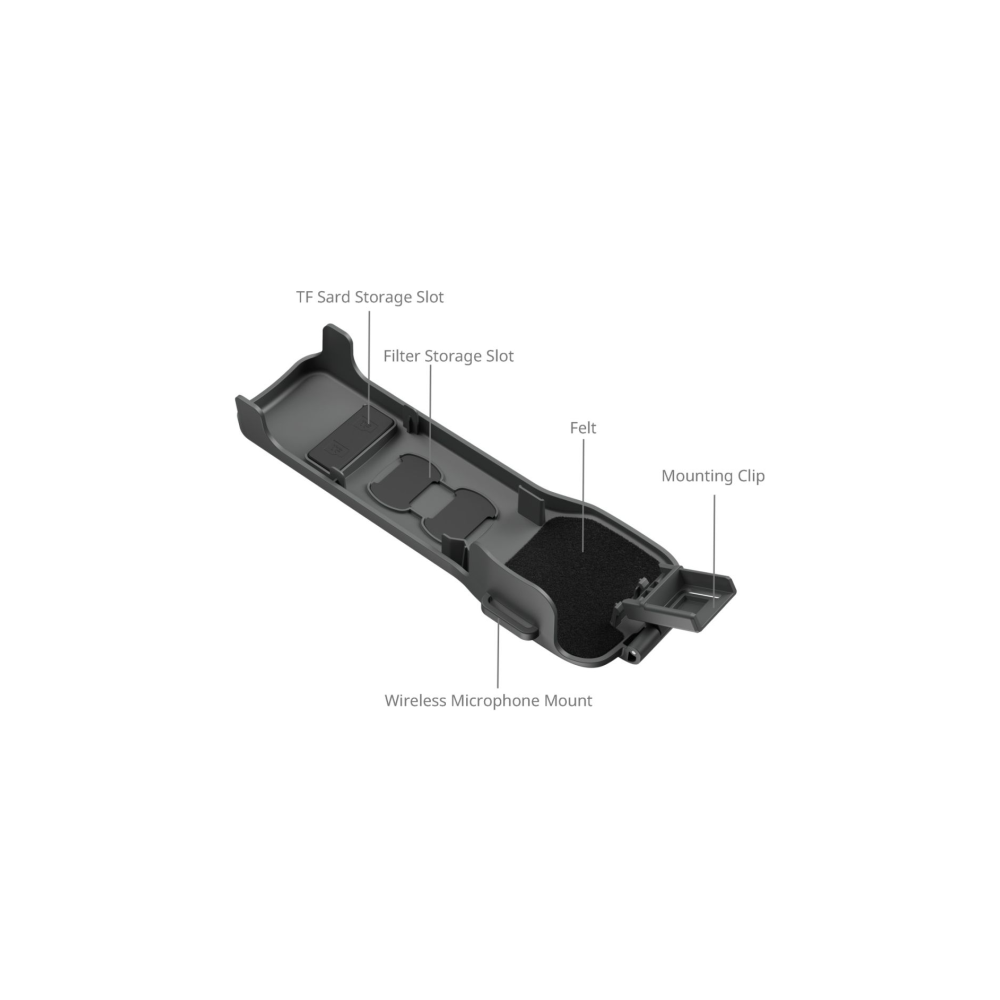 Gray accessory with TF card, filter slots, felt, mounting clip, and mic mount.