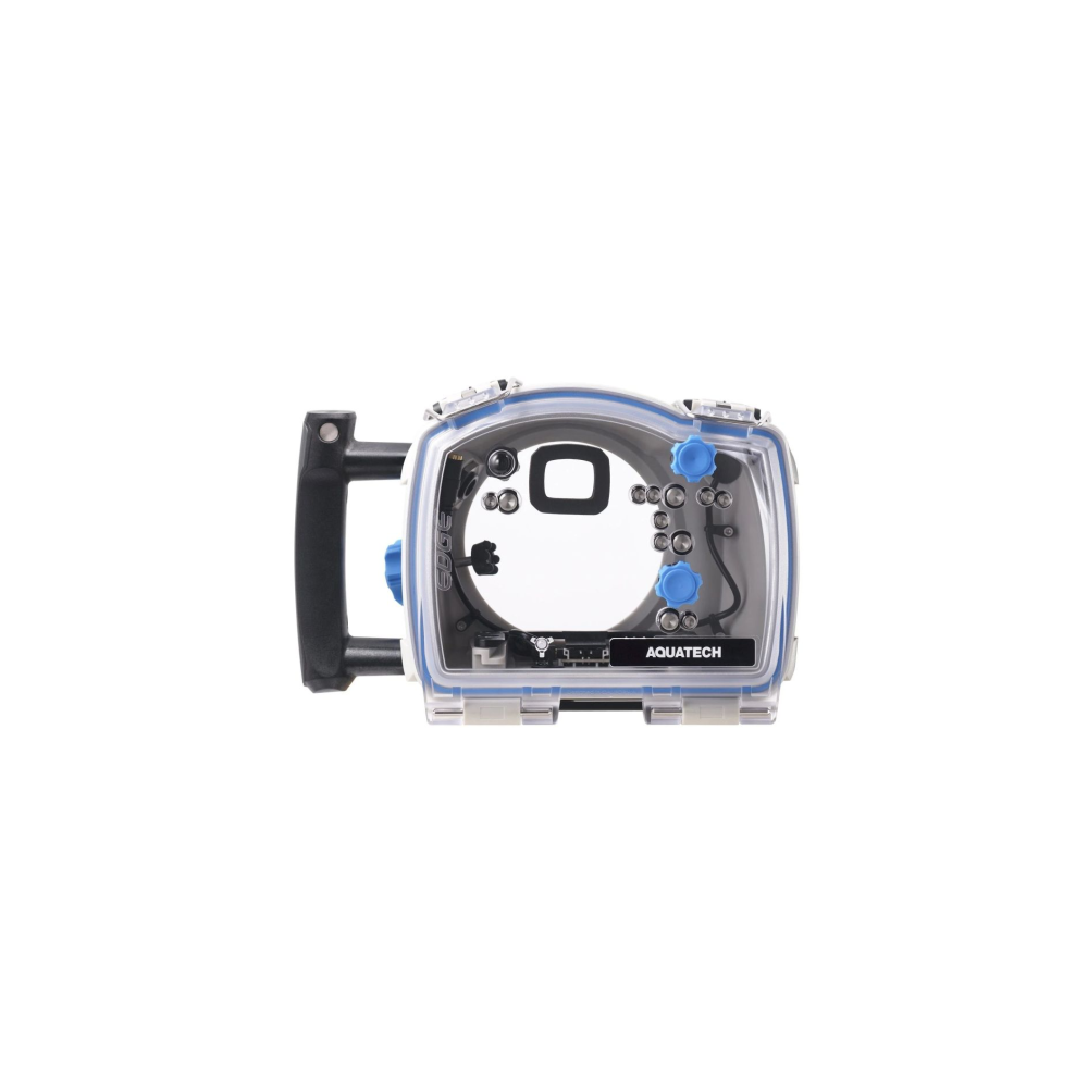 Transparante waterdichte camerabehuizing van kunststof met handvat en blauwe knoppen.