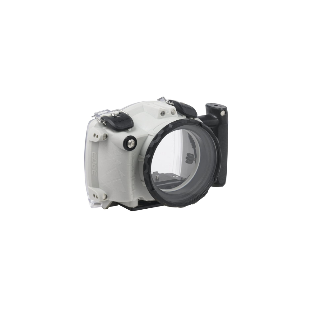 Witte onderwater camera behuizing met handvat en heldere lens.