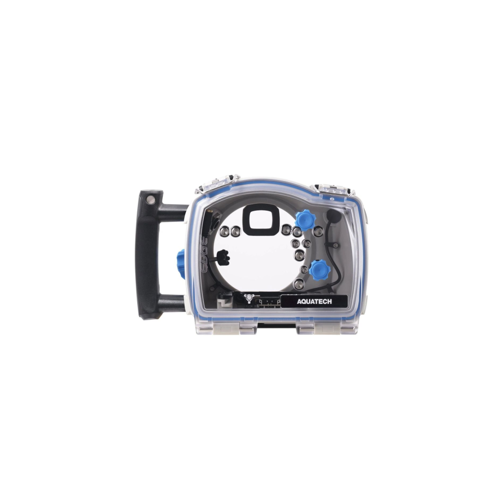 Een doorzichtige onderwater camera behuizing met blauw handvat en knoppen.