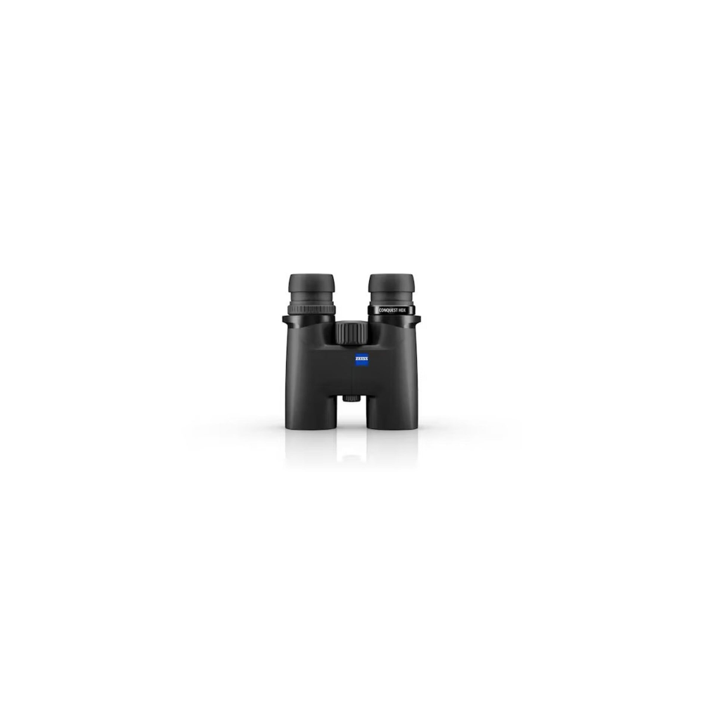 A black Zeiss Conquest HD binocular with a central focus wheel and blue Zeiss logo.