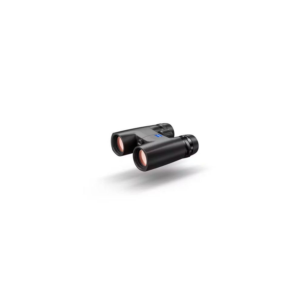Black binoculars with blue Zeiss logo on a white background.