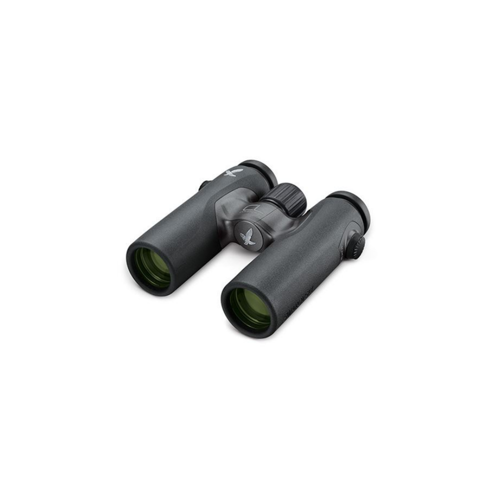Dark gray binoculars with green lenses and a focus wheel.