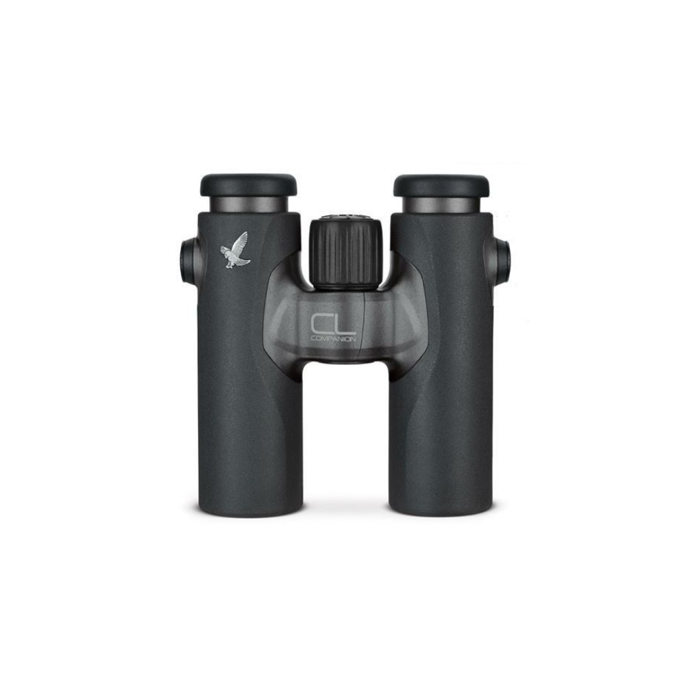 Dark gray binoculars with a silver bird logo and a focus wheel.