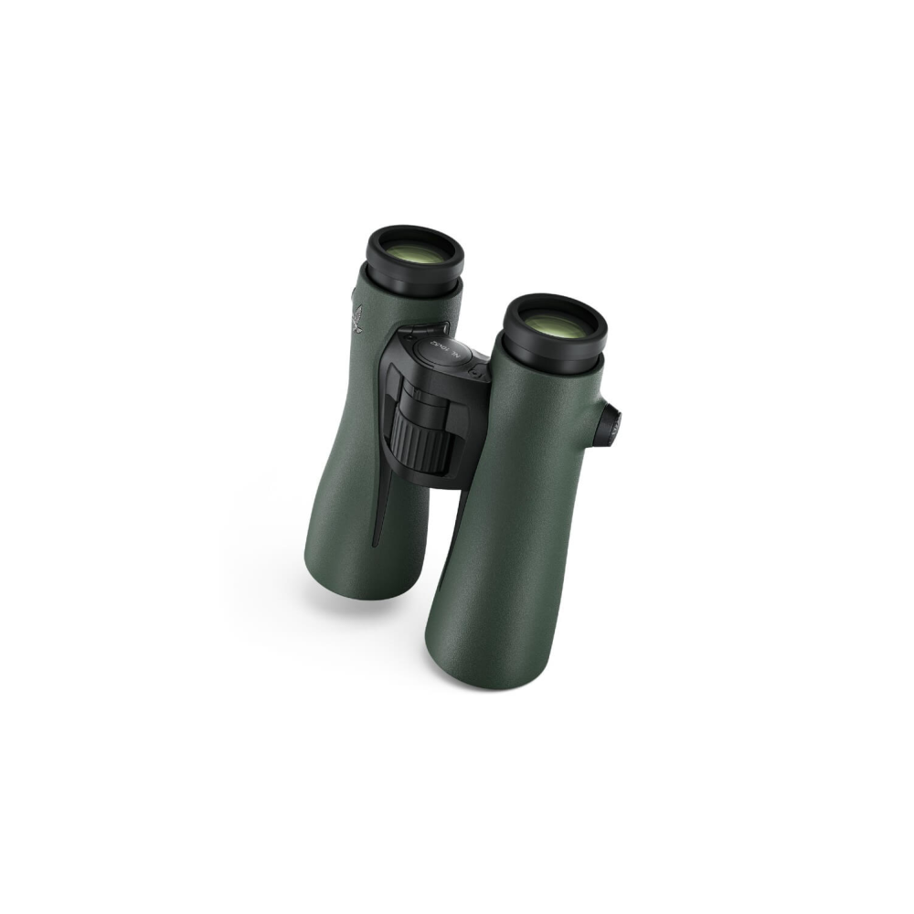 Green binoculars with black focus wheel, on a white background.