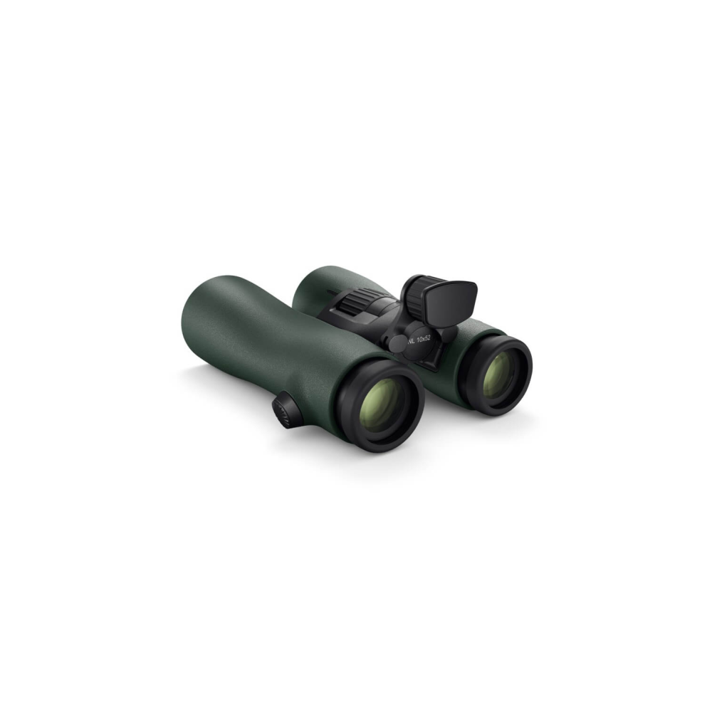 Dark green binoculars with a black focus wheel and lens cap.