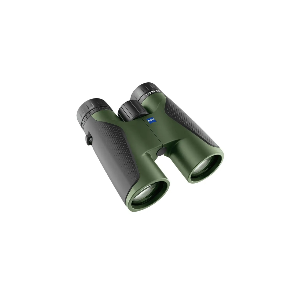 Green binoculars with black rubber grip and Zeiss logo on a white background.