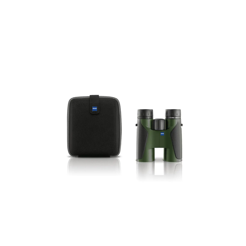 Green binoculars and black case with Zeiss logo on white background.
