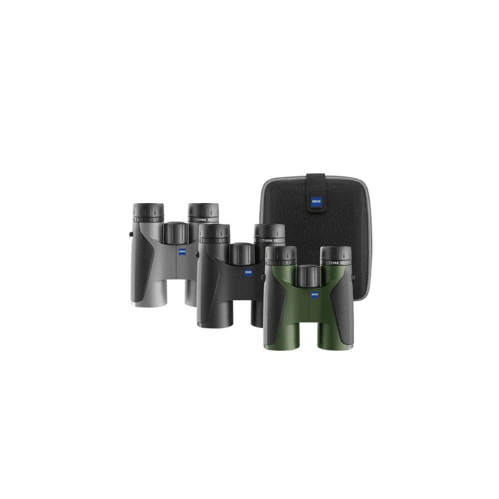 Three Zeiss binoculars in green, grey, and black sit before a black carrying case.
