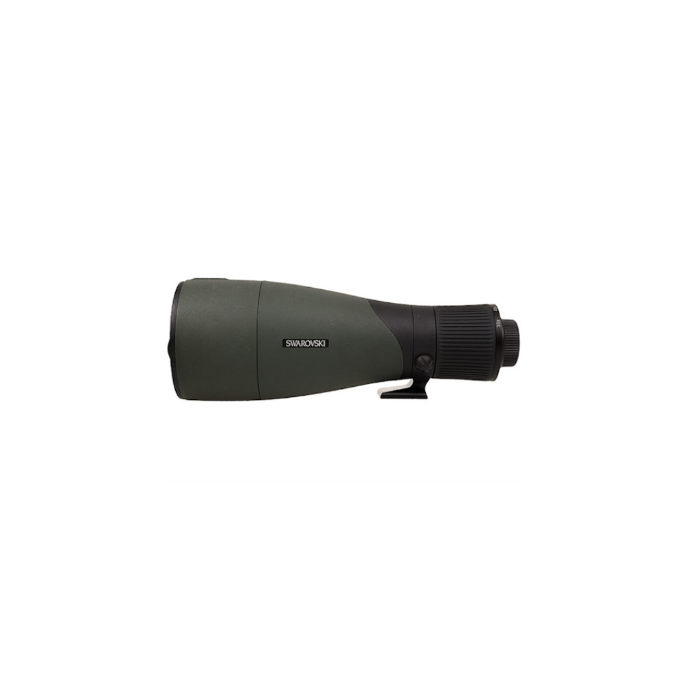 A dark, olive-green spotting scope with a black, ribbed eyepiece section and a small stand.