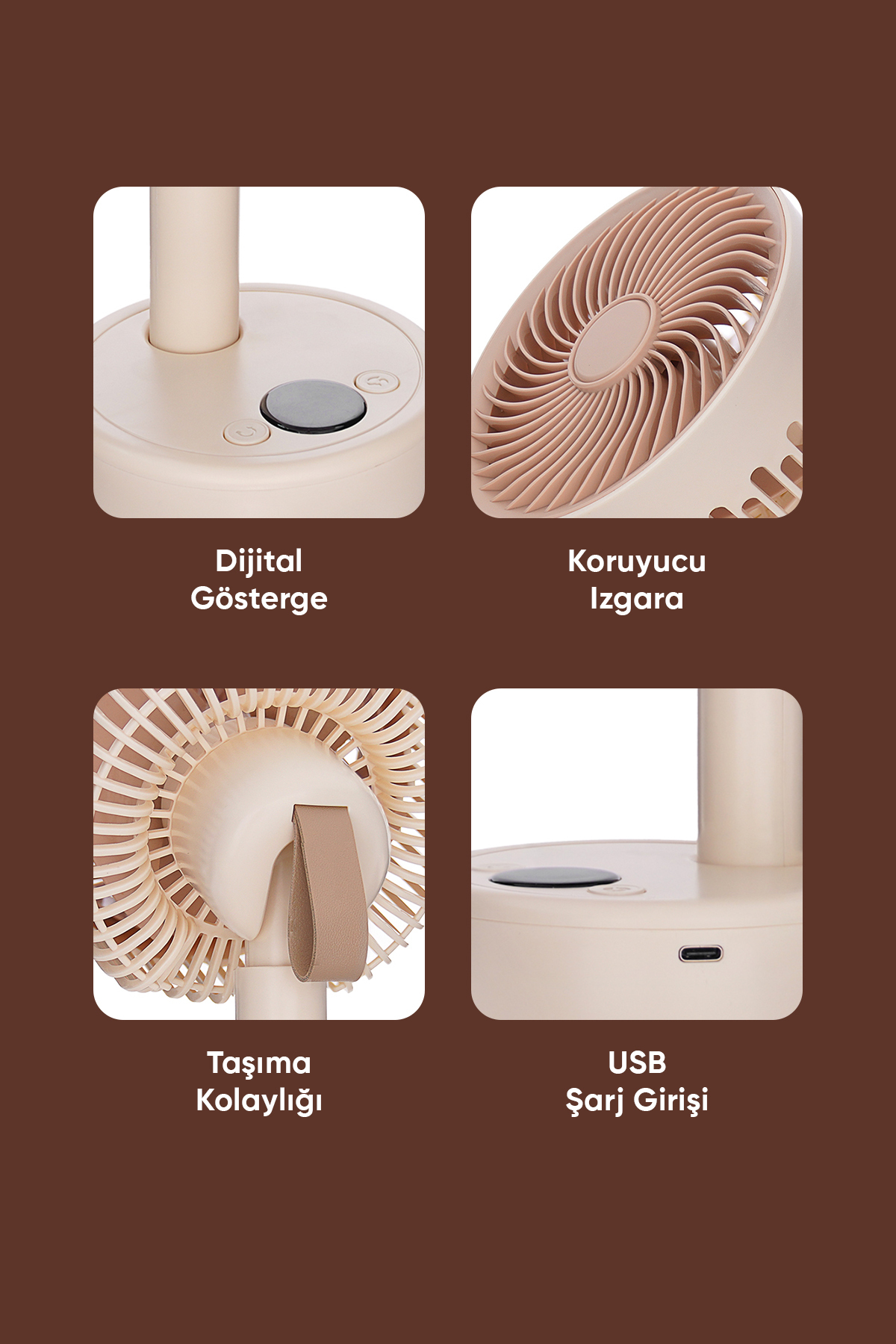 Bej rengi fan, dört detay çekimiyle gösteriliyor: dijital ekran, koruyucu ızgara, taşıma kolu, USB portu.